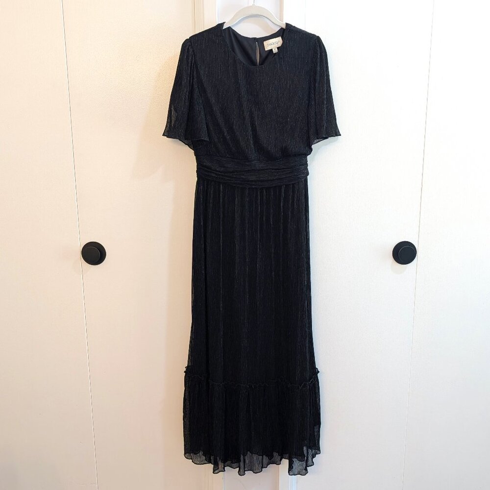 Celadon Black Metallic Crinkle Maxi Dress with Flutter Sleeves Size M